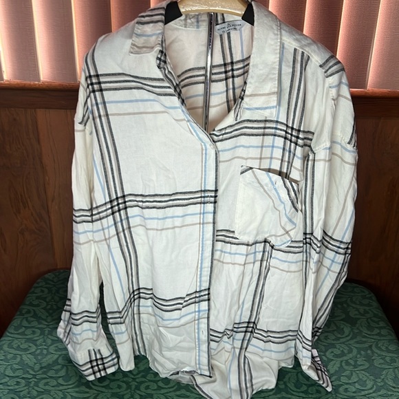 Alpine Design Women XL flannel blue cream black tan striped long sleeve button - Picture 2 of 9